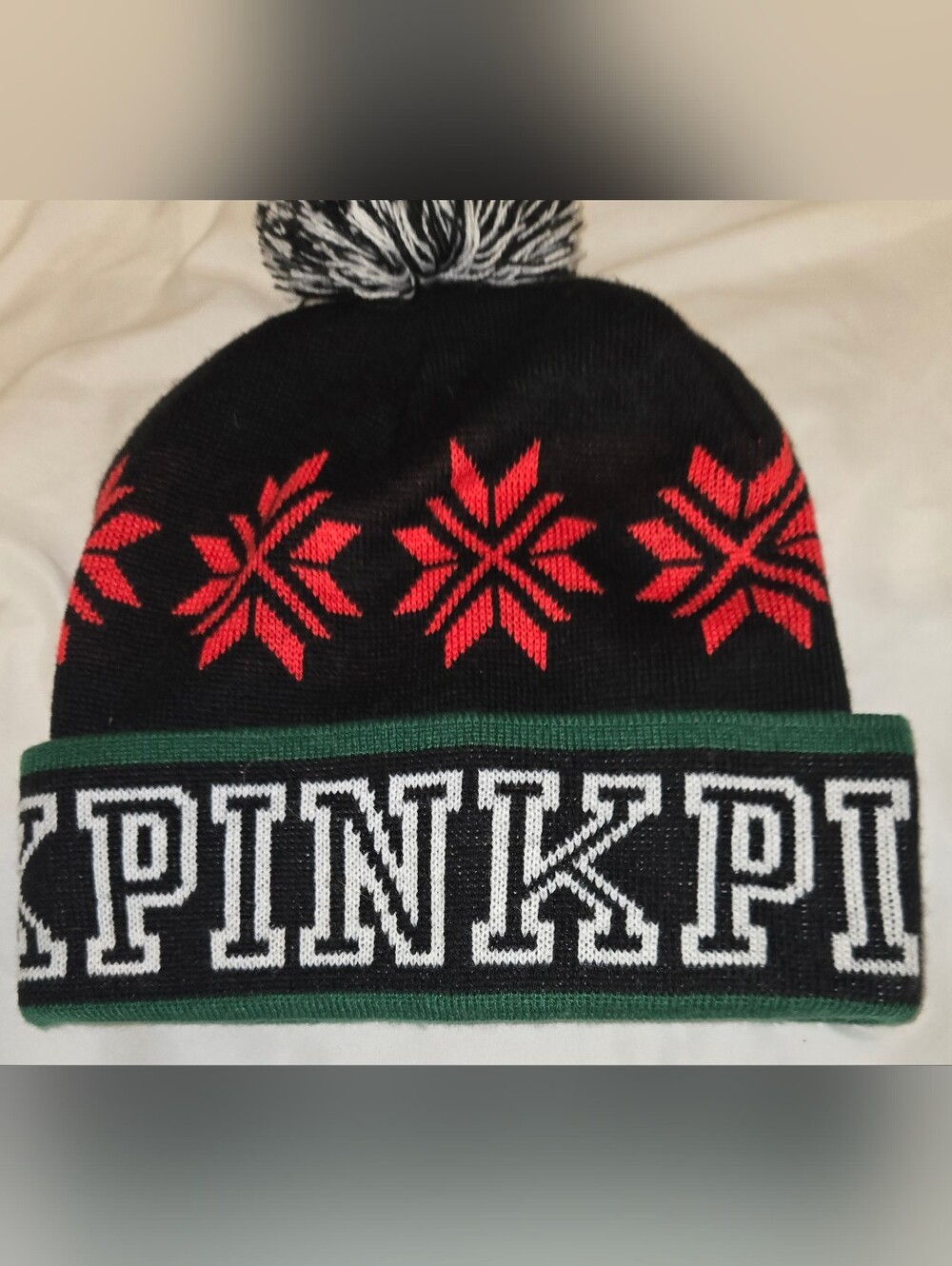 PINK Victoria's Secret  Beanie Hat with Red Snowflake Pattern